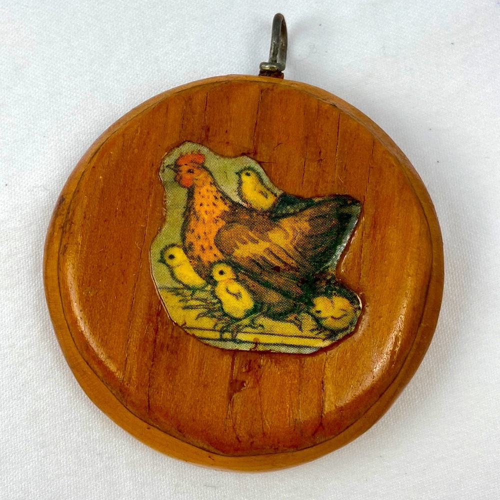 Vintage antique wooden pendant ornament decoupage chicken with chicks